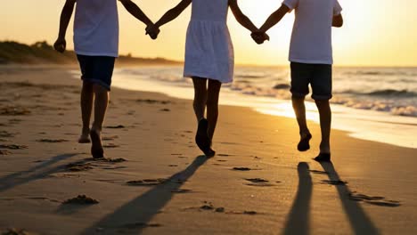 three friends enjoying a joyful sunset run along the beach, holding hands and creating lasting memories as the waves gently lapped at their feet