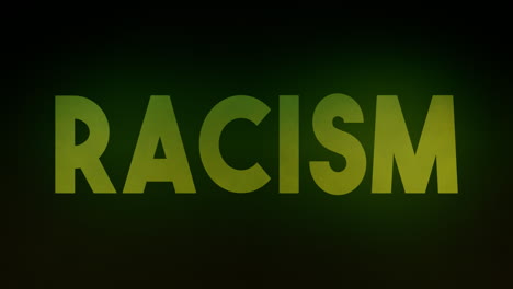 a rising cloud of green poisonous gas, revealing the text racism, appearing from the darkness with an ominous glow