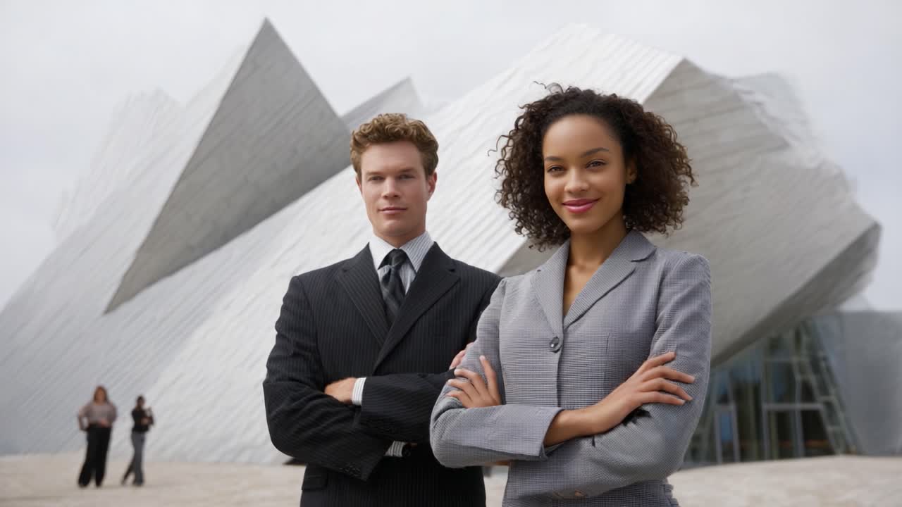 Confident Business Professionals Posing Together in Front of an Architectural Marvel, Showcasing Modern Design and Professionalism in a Dynamic Setting