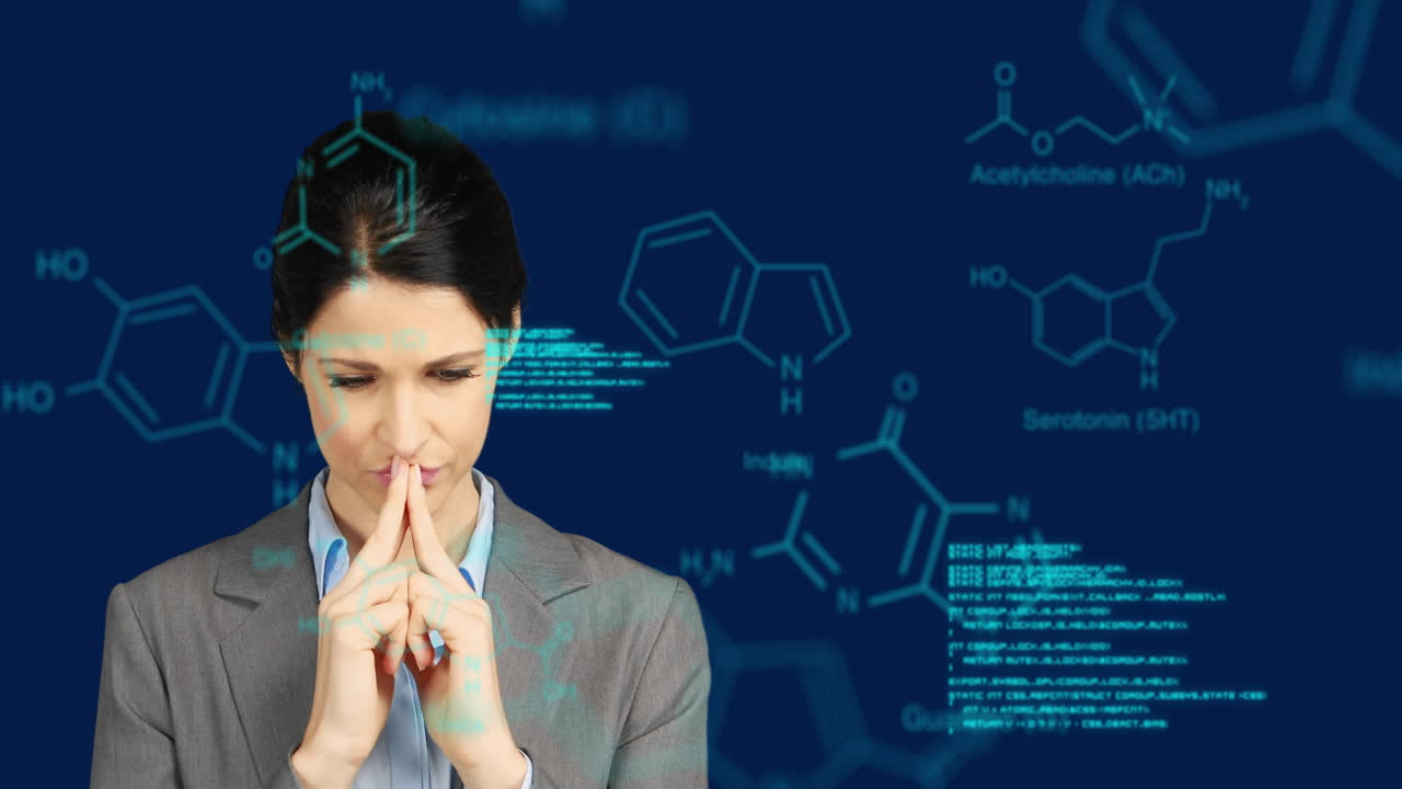 백인 사업가 여성에 대한 과학적 디지털 데이터 처리의 애니메이션