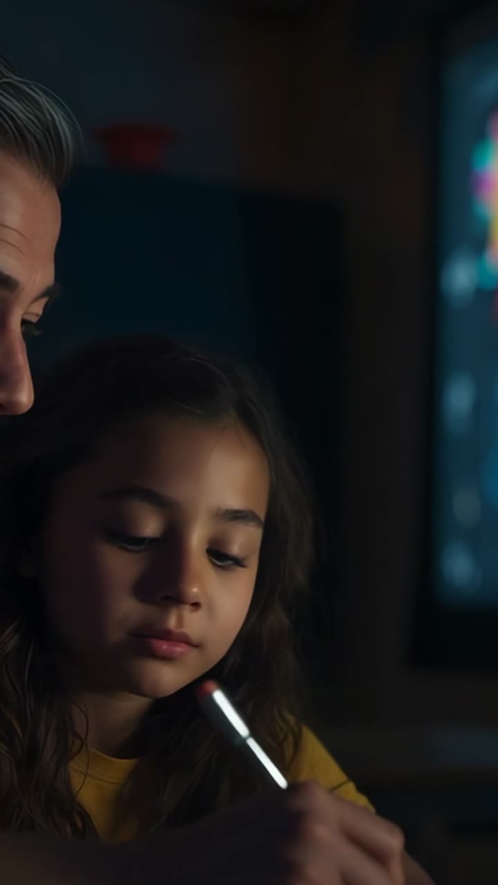 Vertical video: Leaning father guiding daughter to screen shapes while ...