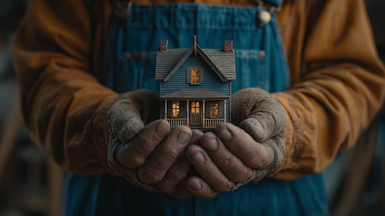 Een vakman houdt een delicaat miniatuurhuis vast, dat ingewikkelde details en een gloed van binnenuit laat zien, wat staat voor zorg en vakmanschap bij het creëren van een thuis