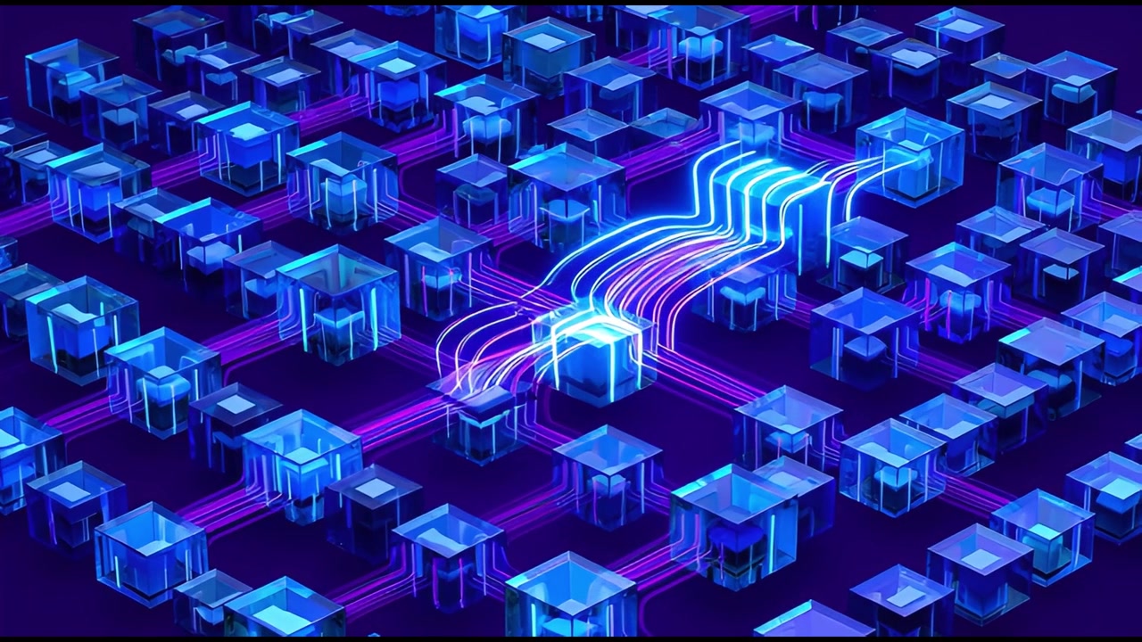 Digital Data Flow Connecting Glowing Cubes in Network Grid
