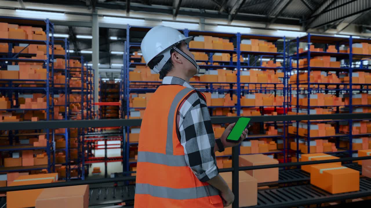 vista trasera de un ingeniero masculino asiático con casco de seguridad de pie en el almacén con estantes llenos de productos de entrega. zoom en la pantalla verde del teléfono inteligente y mirando alrededor del almacenamiento