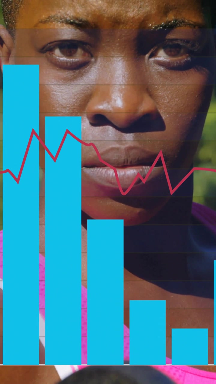 Vertical video: Camera pulling closer while woman centering cyan bars magenta line showing fitness
