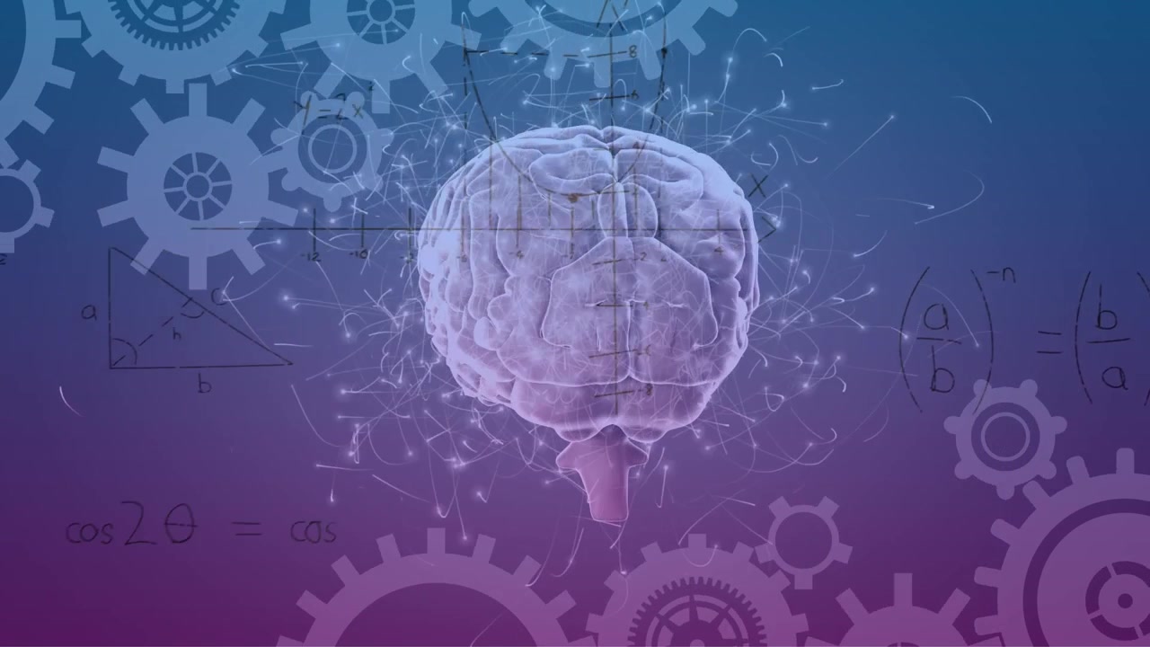 Animation of brain, connections, cogs and math formulas on blue and violet background
