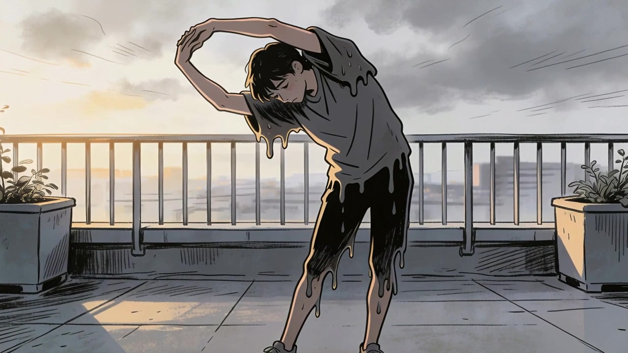 Stretching animated teen doing side stretch on rooftop, sun sinking causing shift, melting clothes