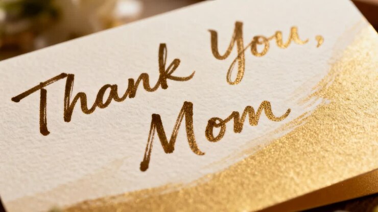 Zooming camera revealing greeting card reading 'Thank You, Mom' on tabletop, highlighting gold foil
