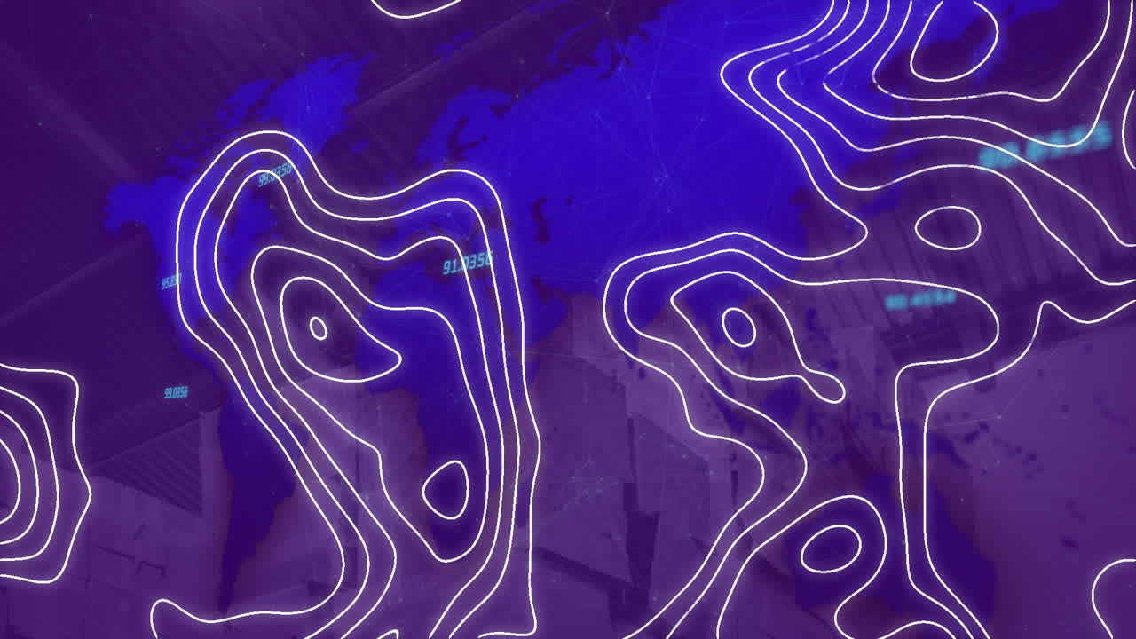 Animation of white map lines over world map and numbers changing