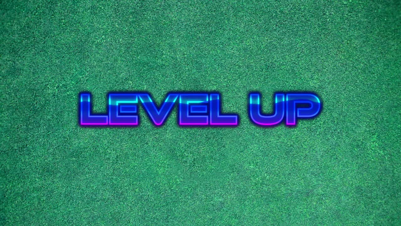 Animation of level up text up on green background