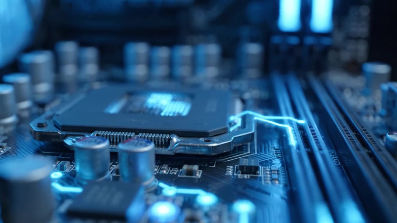 Magnified View of a Computer Motherboard Showcasing Chipset and Electrical Components in a High-Tech Blue-lit Environment