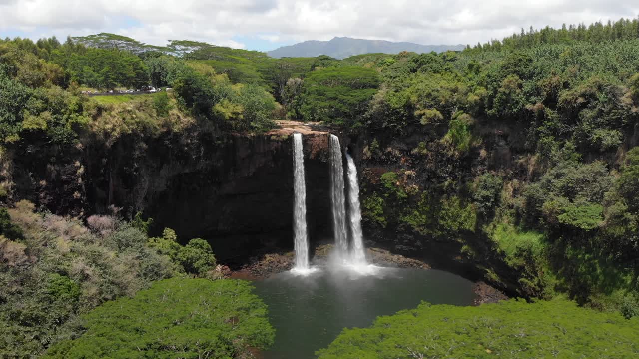 Version Four. Aerial Orbit of Wailua Falls and Wailua State Park, Surrounded by Forest Jungle and Trees.