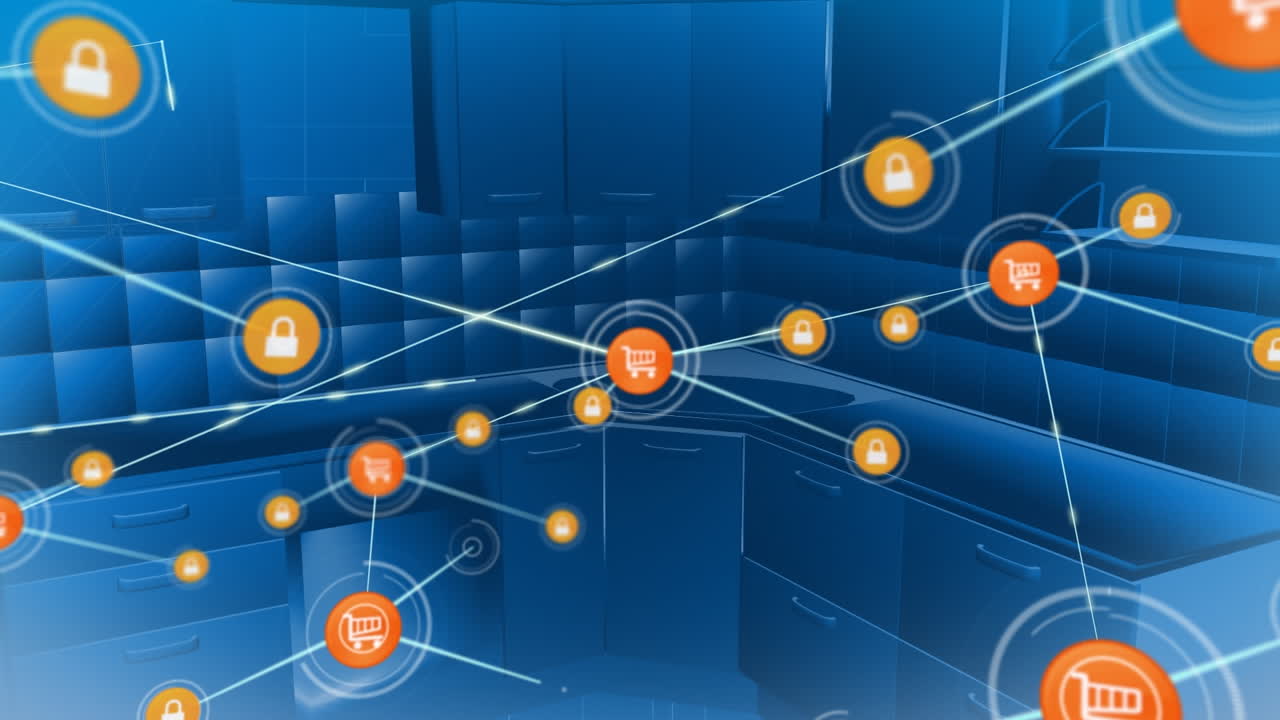 animación de la red de conexiones con iconos sobre los interiores de las casas