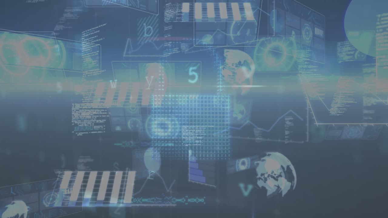 Animation of cyber security data processing over interface with data processing on blue background