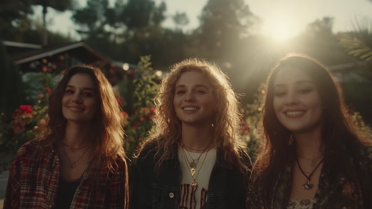 Drie vrienden genieten van een gouden zonsondergang tussen de bloemen, een perfect moment van vriendschap en vreugde vastleggend in een serene buitenomgeving.