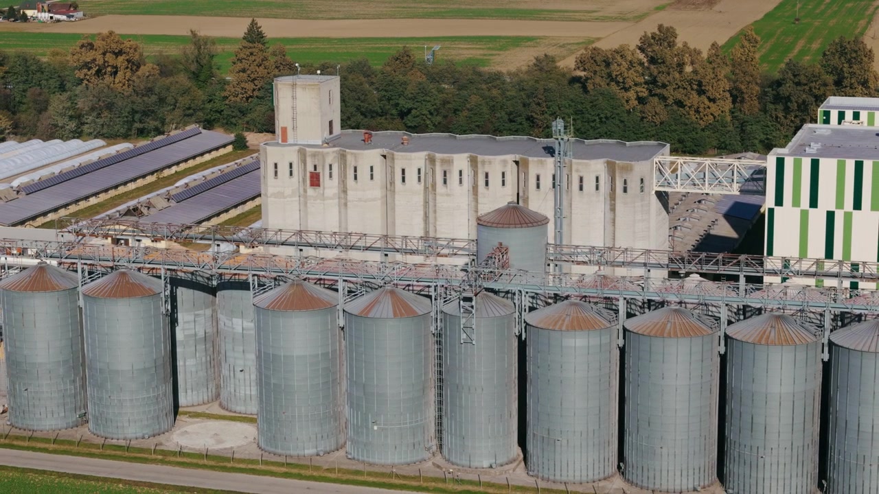 Große Getreidesilos sind in einer Reihe auf einem landwirtschaftlichen Lagergelände unter klarem Himmel während