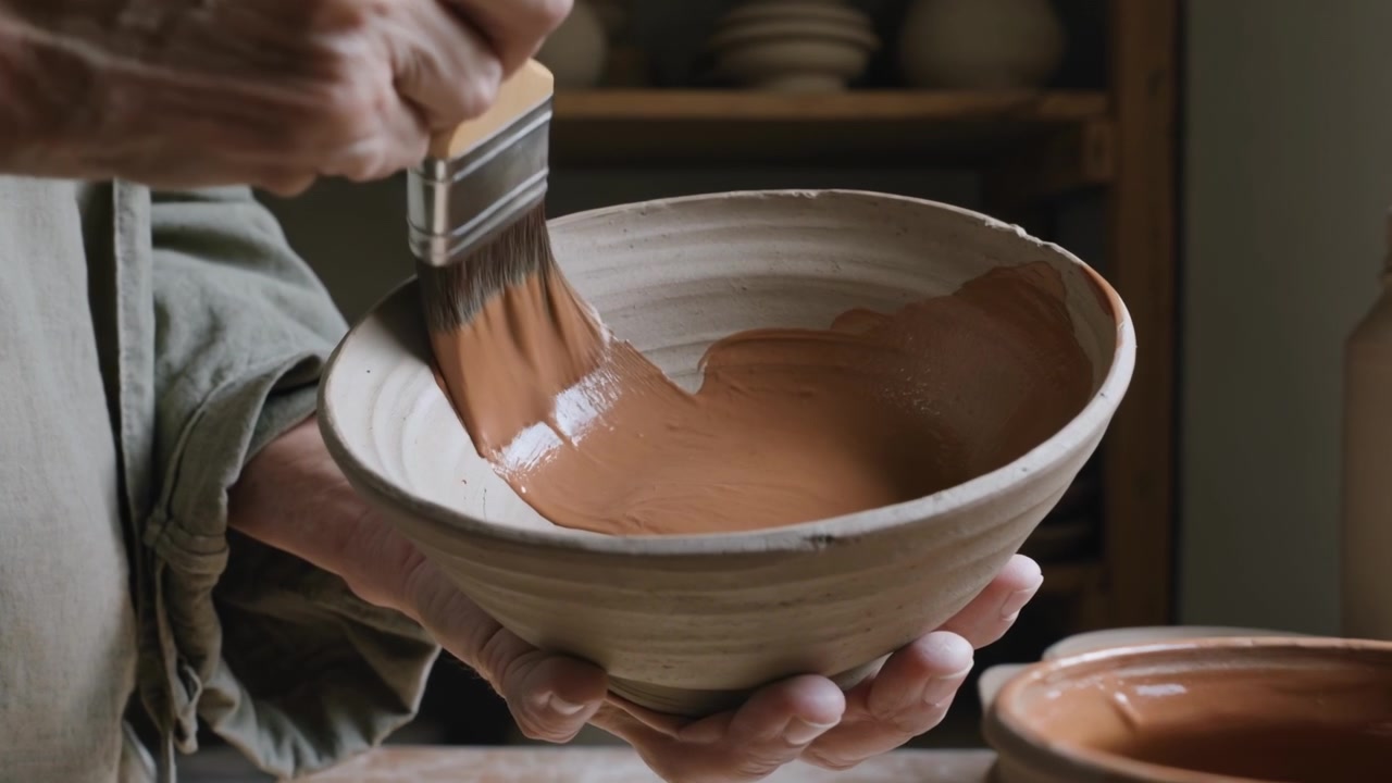 Primo piano di un artista che usa un pennello per applicare lo smalto su una ciotola di ceramica fatta a mano.