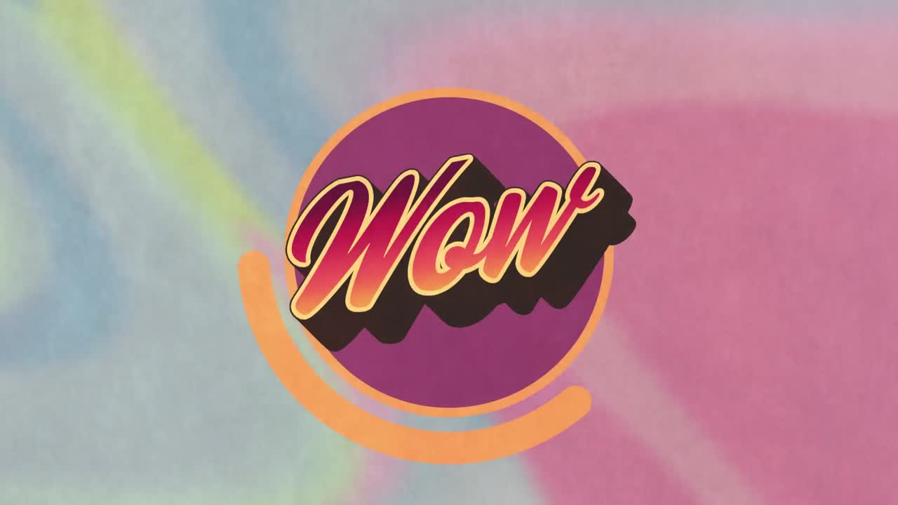 animación del texto, wow, en rojo, sobre un fondo rosa y azul suave