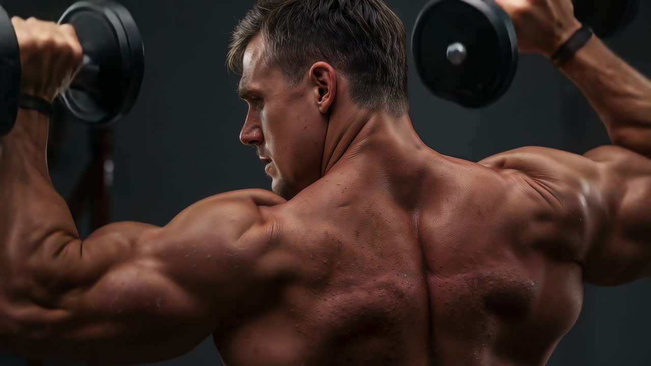 Atleta maschio a torso nudo che inizia a sollevare due manubri sopra la testa in palestra, mostrando sudore e muscoli.