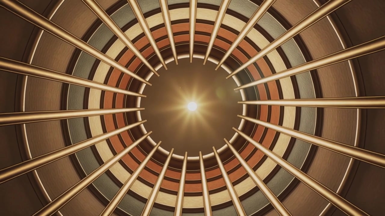 Rotating camera framing atrium oculus in rotunda, emphasizing golden bars and glowing skylight