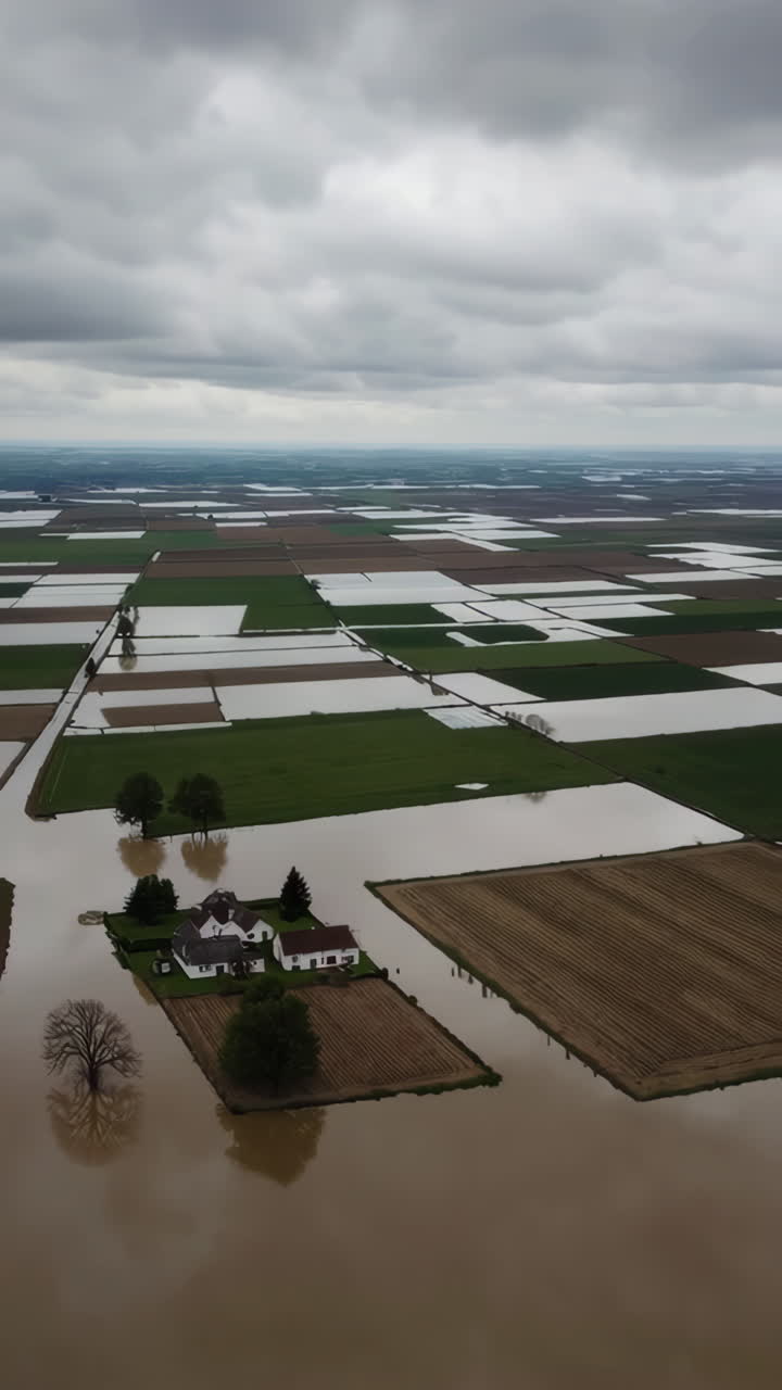 Aerial View of a House and Farmland Submerged in Floodwaters