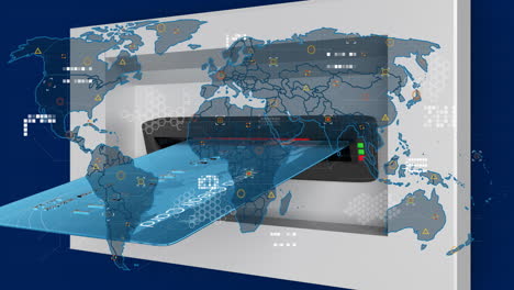 Animación-De-Transacción-Con-Tarjeta-De-Crédito-Sobre-Un-Mapa-Mundial-Con-Iconos-De-Seguridad