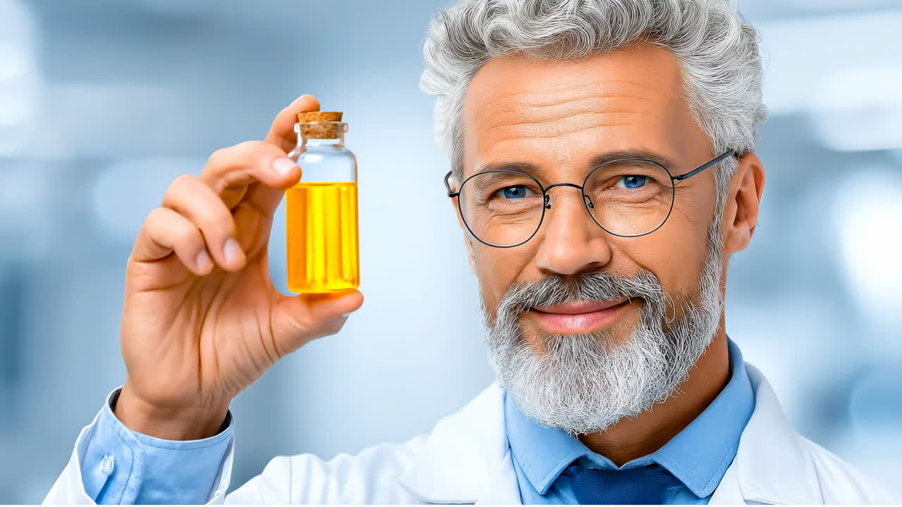Scientist with yellow vial. A scientist with gray hair and glasses holds a small vial containing yellow liquid in a lab setting