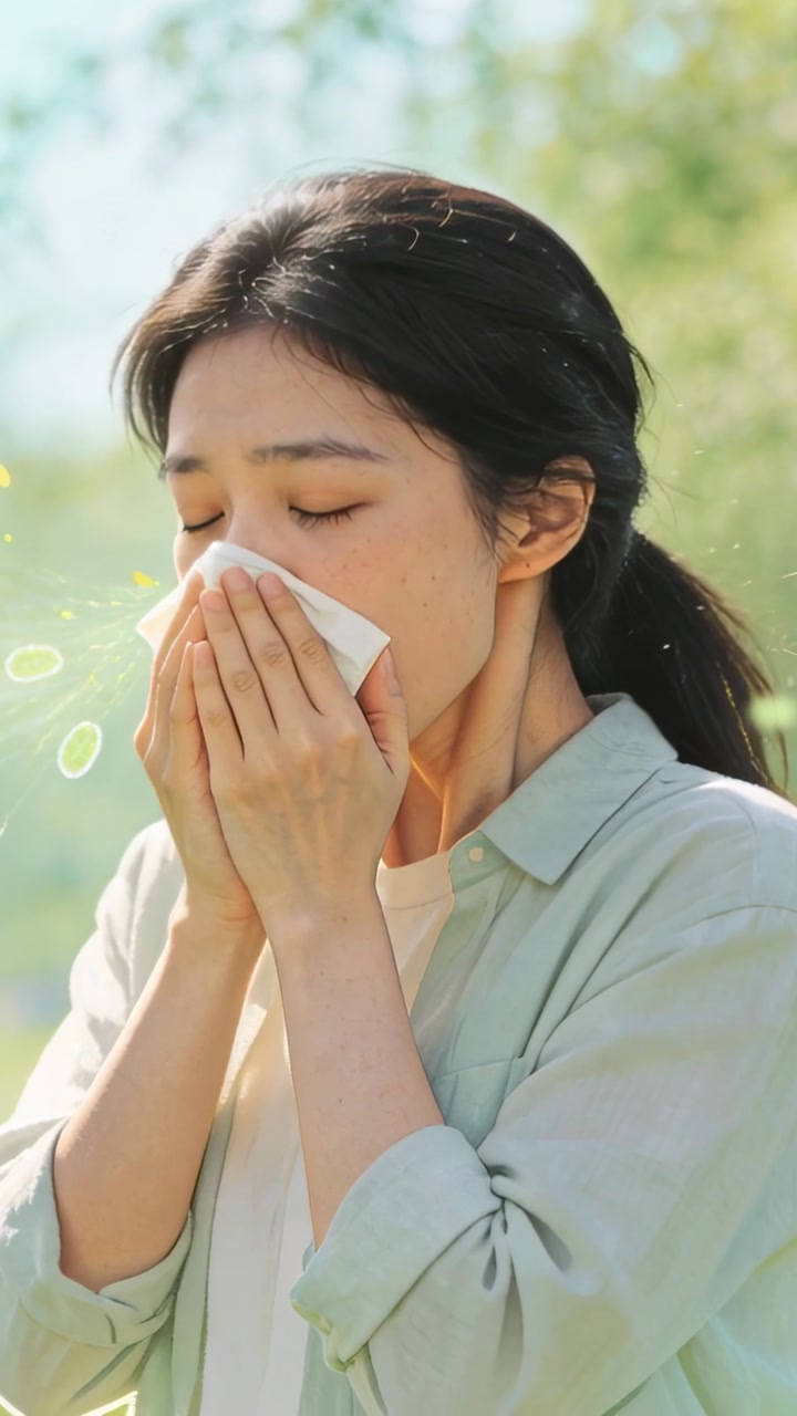 Vertical video: Pressing white tissue, adult woman sneezing from pollen in park wearing green shirt