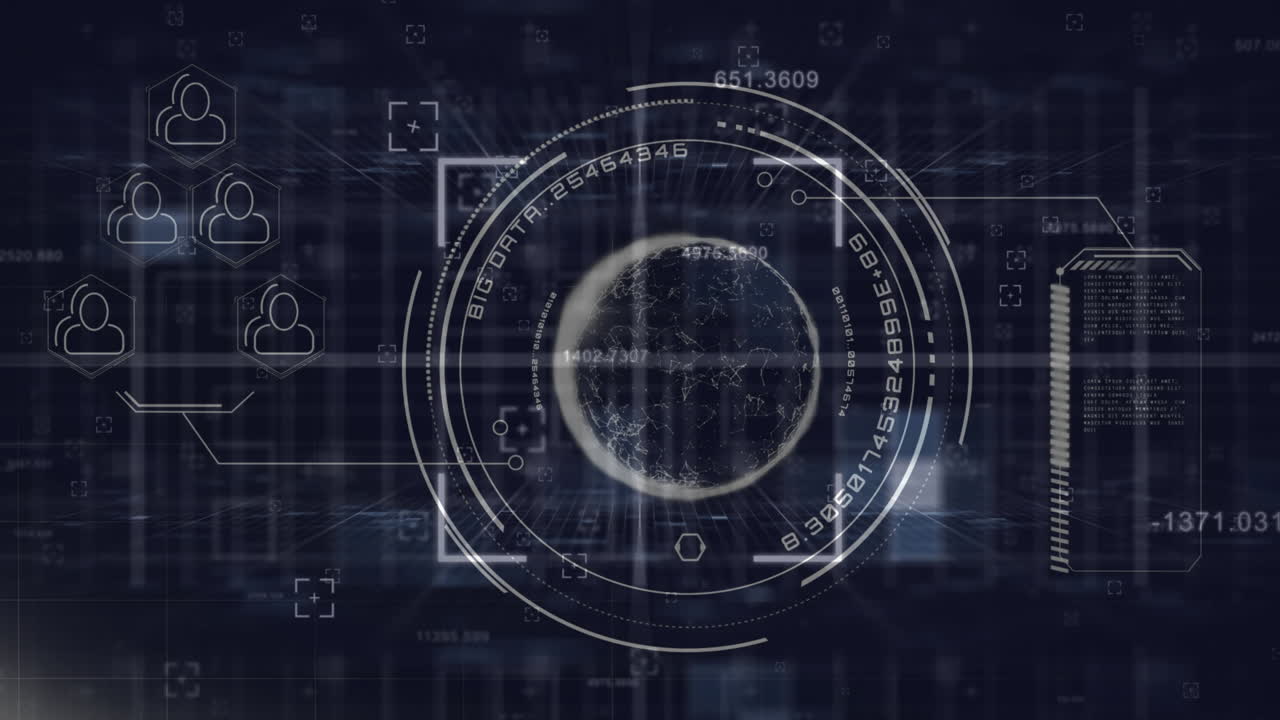 Animation of digital data processing over dark background