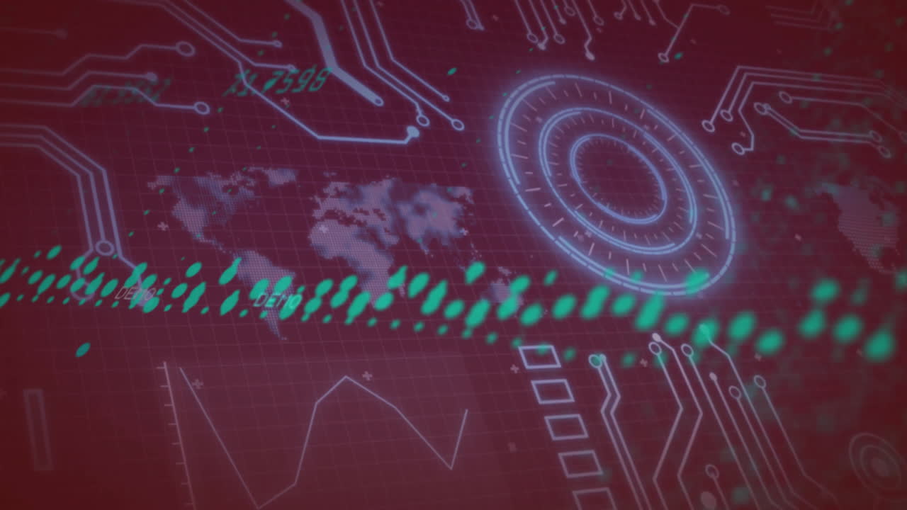 mapa del mundo digital y animación de placa de circuitos sobre fondo rojo con gráficos de datos