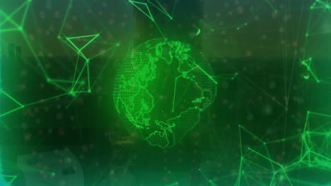 animation of green shapes and cityscape over green globe