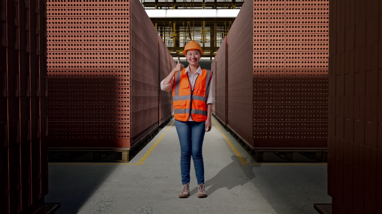 Full Body Of Asian Female Engineer With Safety Helmet Smiling And Showing Thumbs Up Gesture To The Camera While Standing With Red Brick Packed in Stacks Are Stored