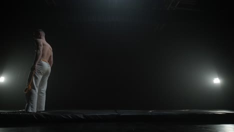 luchadores de capoeira realizando movimientos dinámicos en el escenario. artes marciales, danza y acrobacias en acción. atletas de pecho desnudo mostrando fuerza, flexibilidad y técnica bajo los reflectores
