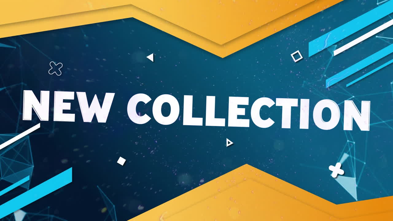 Animation of new collection in distorting white text over yellow and blue geometric shapes on blue