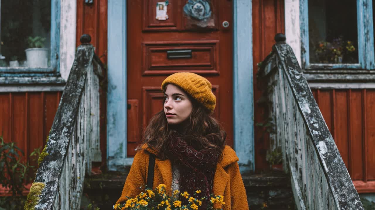 A Stylish Young Woman in a Bright Yellow Beret Holds Vibrant Flowers While Standing on Weathered Steps in Front of a Rustic Red Door Amidst a Charming Outdoor Setting