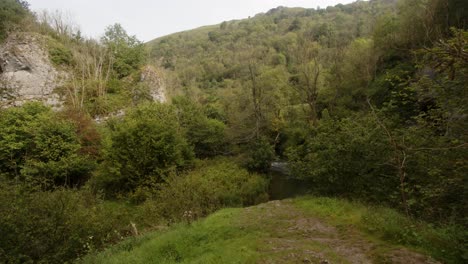 looking back up the steep sided valley of dove dale with the river off centre of frame