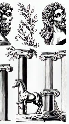compilation of classical mythology statues and engravings