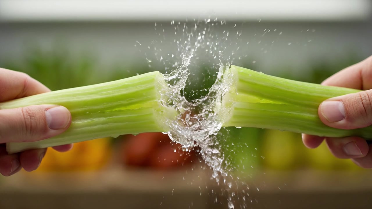 Handen breken verse selderijstengel met opspattend water
