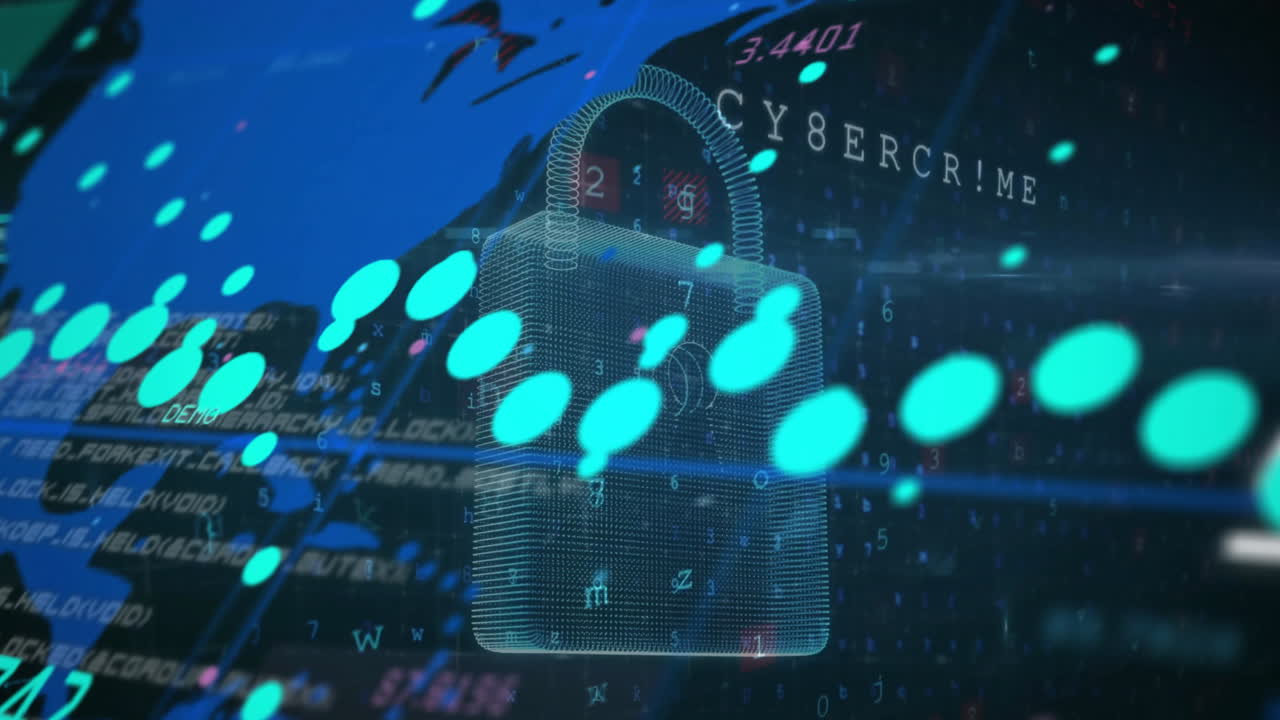 Animation of digital data processing over padlock and world map