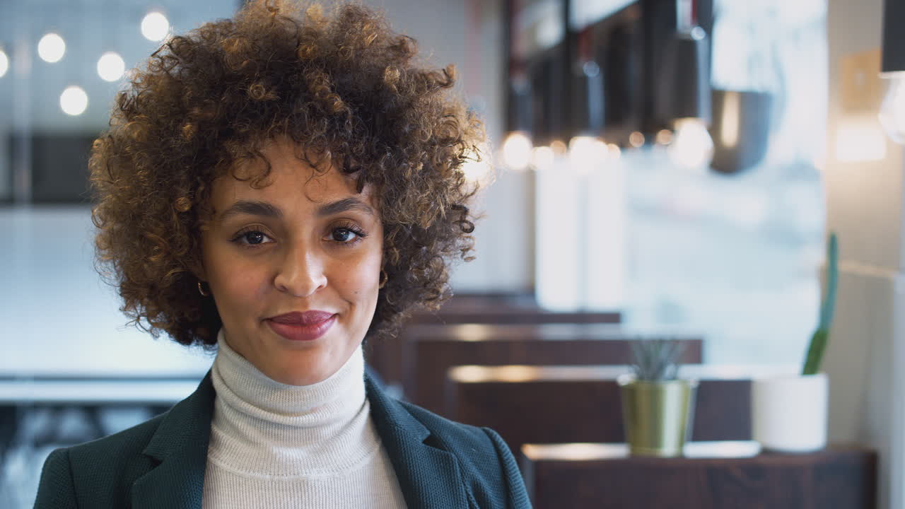 Head And Shoulders Portrait Of Smiling African American Businesswoman Working In Modern Office