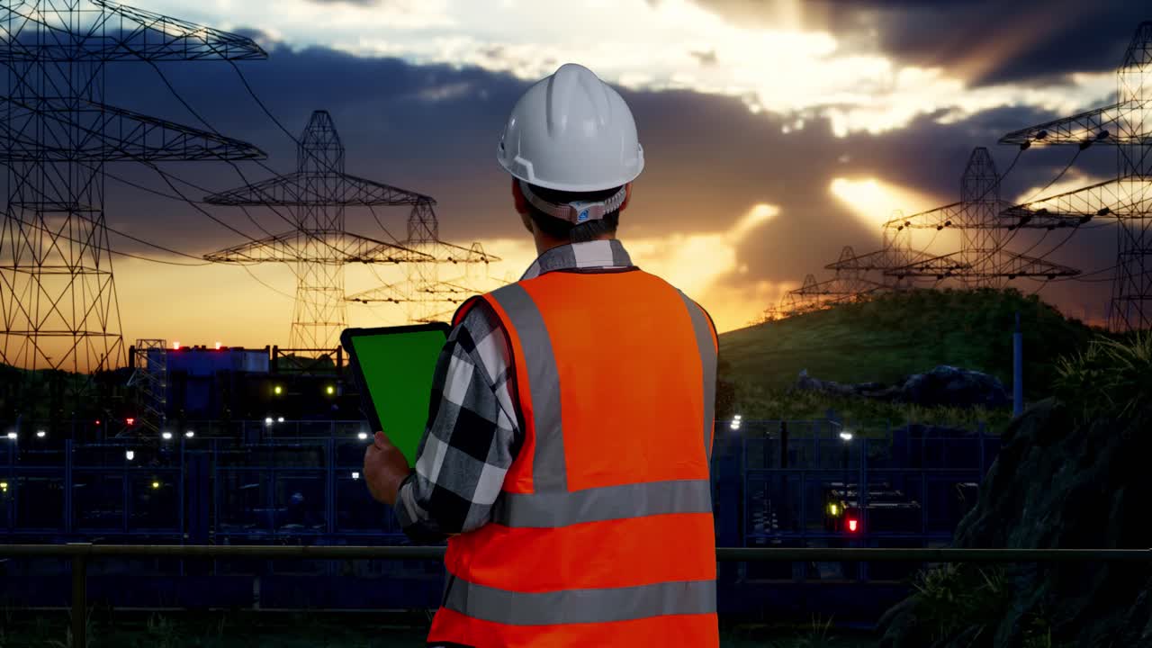 Back View Of Asian Male Engineer With Safety Helmet Working On A Green Screen Tablet And Looking Around While Standing Near High Voltage Tower