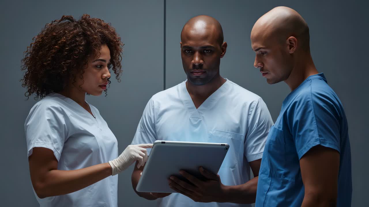 Pointing nurse guiding colleagues after center holding tablet in clinical alcove, glove, scrubs