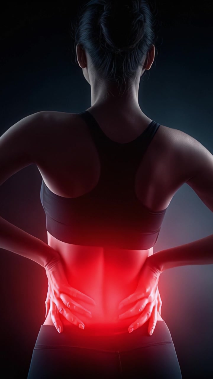 Illustration of a woman experiencing lower back pain, highlighting discomfort with a red glow to indicate the affected area and emphasize the struggle with health issues associated with back pain.