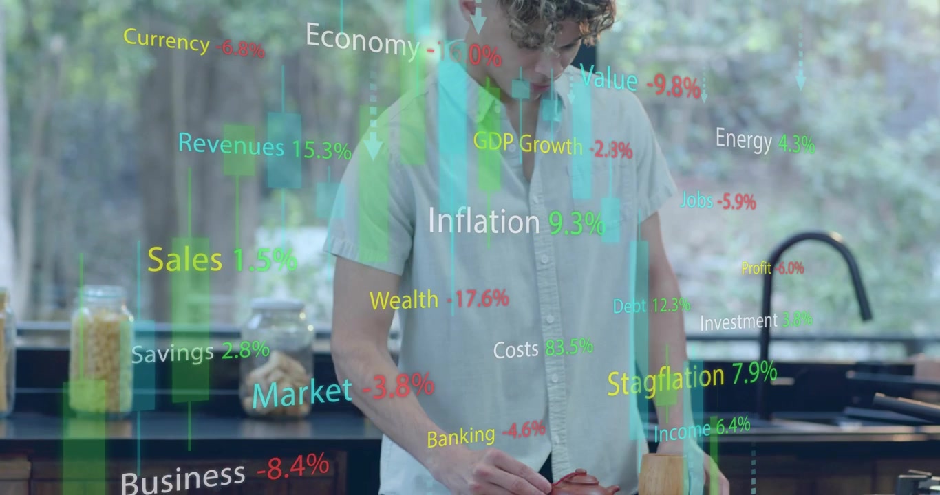 Man slicing apple wedges into blending jar and pouring juice while financial percentages updating
