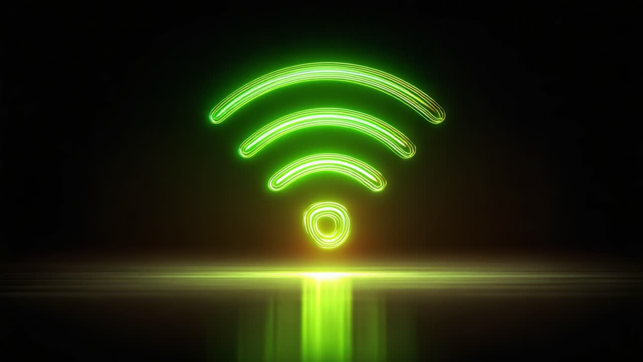 A Bright Green Wireless Signal Icon Glowing Against a Dark Background with Reflective Surface, Representing Connectivity and Modern Technology