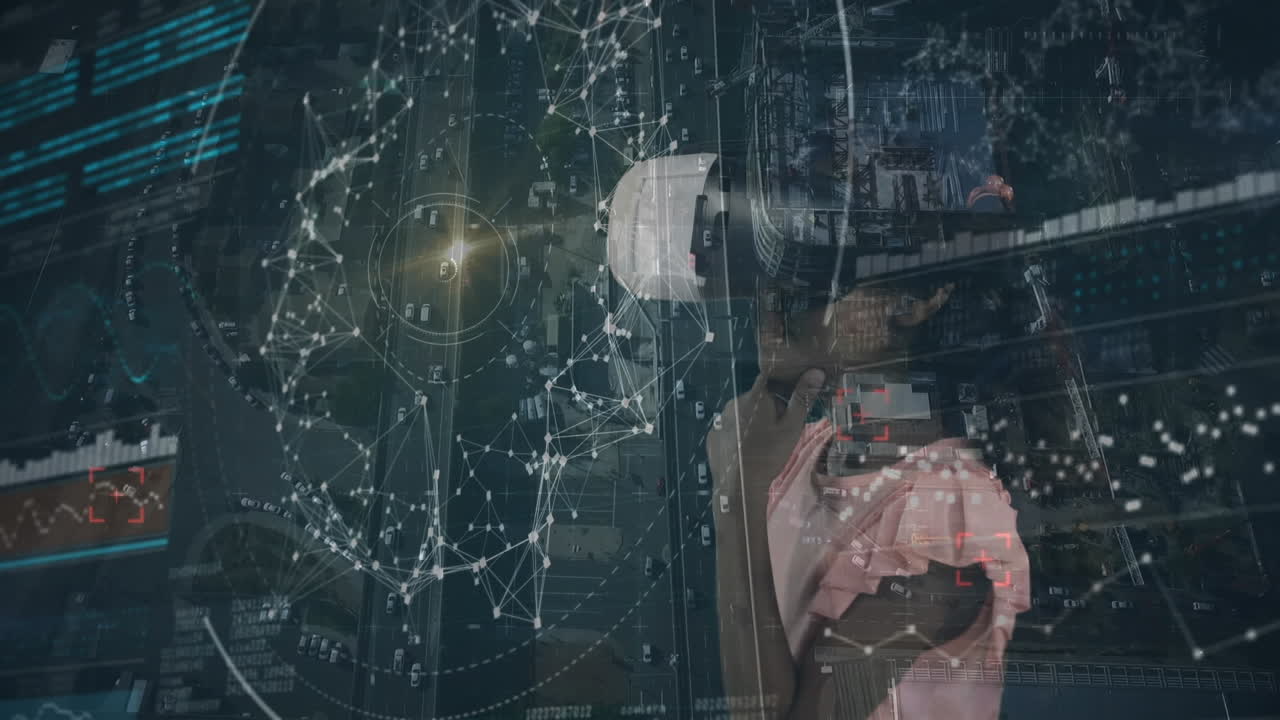 animazione di una rete di connessioni su una ragazza che indossa un auricolare vr