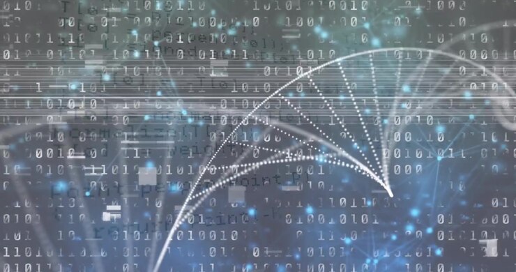 Animation of glitch technique over connected dots forming dna helix, bars against binary codes