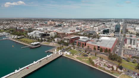 geelong center and waterfront aerial panorama, coastal port city, australia