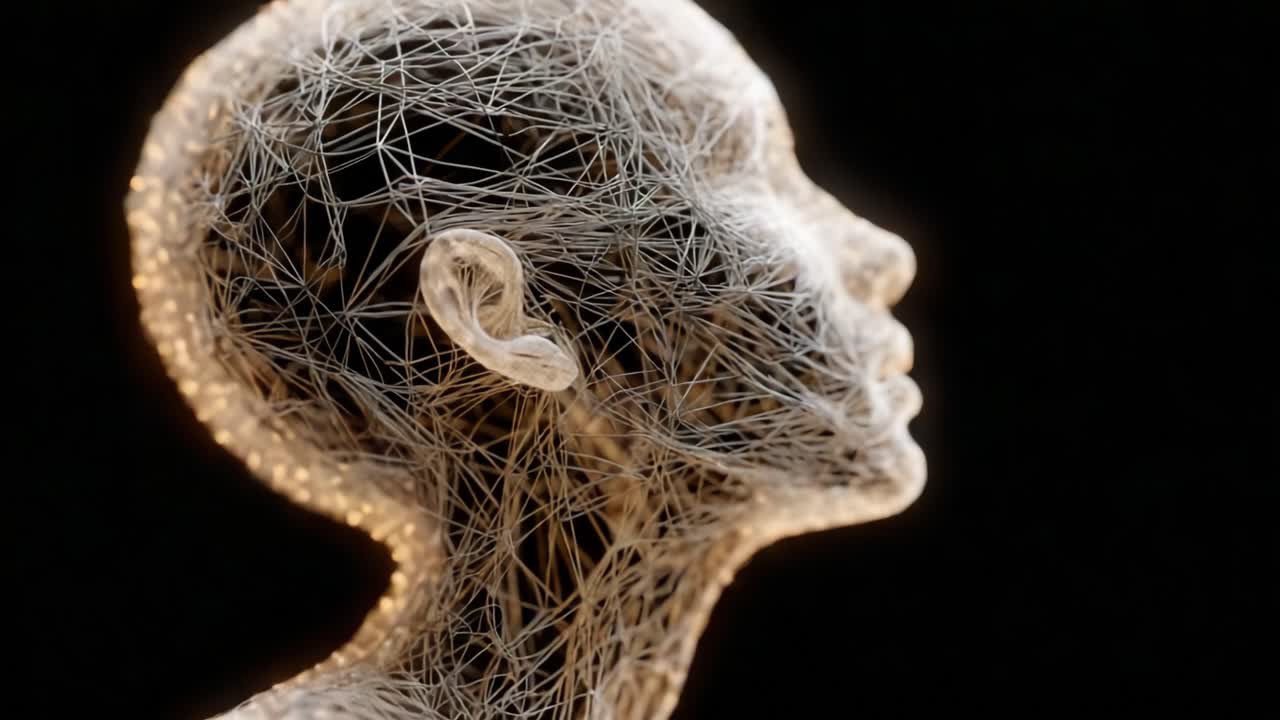 A captivating profile of an ethereal figure composed of intricate lines and glowing strands, showcasing a blend of artistry and digital innovation in a mystical setting