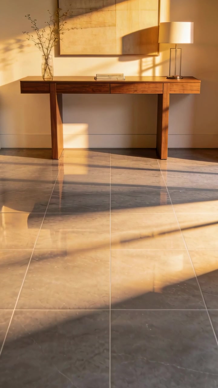 Video verticale: Luce solare che splende attraverso la finestra, proiettando ombre a griglia su tavolo, lampada e vaso nel corridoio